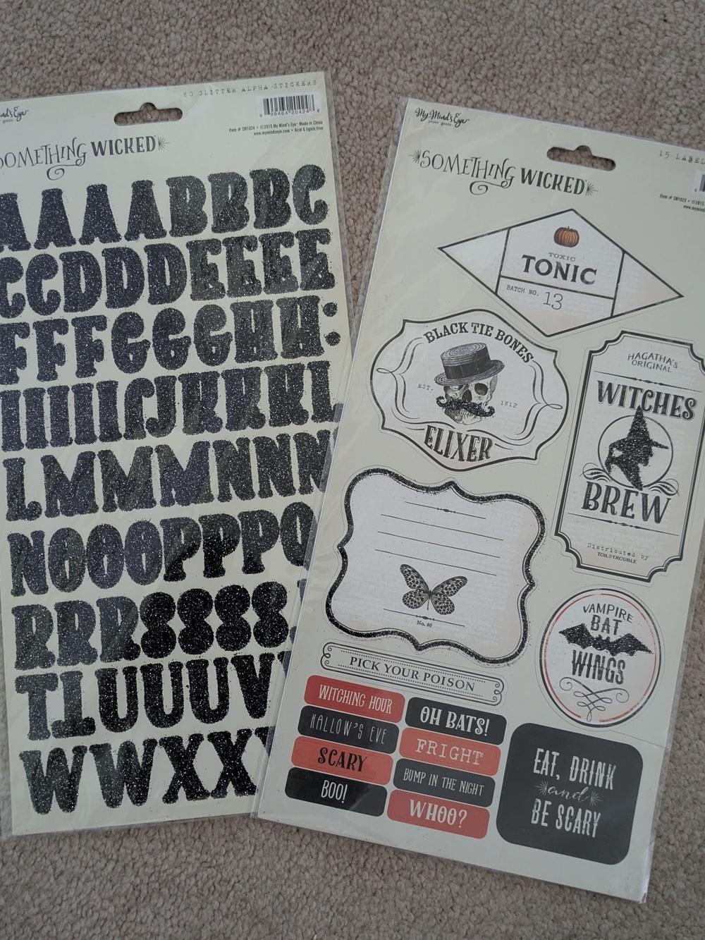 Something Wicked Halloween Sticker Sheets - Black Glitter & Neutral Labels